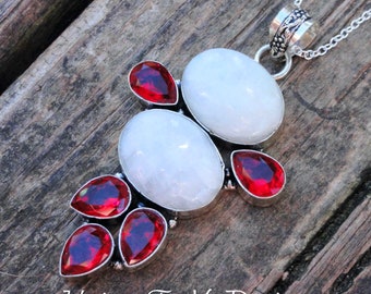 925 - Rainbow Moonstone & Garnet Statement Necklace, Sterling Silver Large Moonstone Statement pendant, 925 Garnet Moonstone Necklace