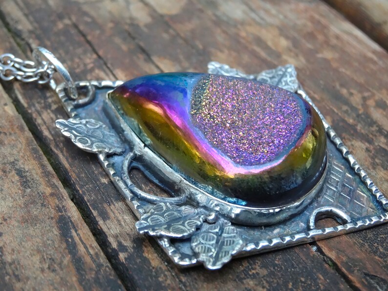 Sterling Silver Rainbow Titanium Druzy gemstone Pendant 925 Botanical Large Titanium Druzy Necklace Statement Druzy Silver Necklace