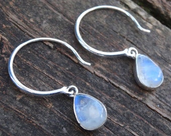Handmade Rainbow Moonstone Teardrop Earrings: Sterling Silver Dangle