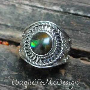 925 - Rainbow Ammolite Ring Size 7, Sterling Silver, Natural Stone, Genuine Ammolite Statement Ring, Handmade Fossil OOAK Bohemian Ring 7