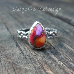 925 - Pink Spiny Oyster in Turquoise Ring Size 6, Sterling Silver Natural Spiny Oyster Ring, Handmade Ring 6, Blue Orange Spiny Oyster
