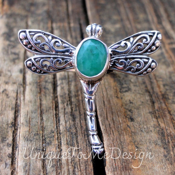 925 - Large Dragonfly Emerald Ring Size 7, Sterling Silver Natural Green Emerald ring 7, Dragonfly Statement Untreated Emerald gemstone Ring