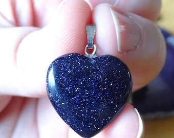 925 - Sterling Silver Blue Goldstone HEART necklace - 18&quot; Sterling Chain sterling Necklace Pendant Blue stone Boho Chic