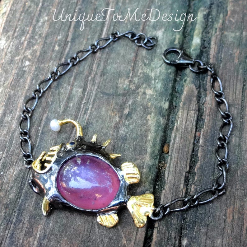 925 Anglerfish Pink Ruby Bracelet, Sterling Silver, 14k Gold, Handmade