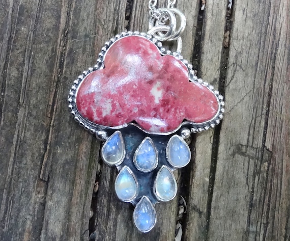 925 - Rain Cloud, Carved Stone Necklace, Sterling Silver Rainbow Moonstone, Pink Thulite Pendant, Handmade, 925 Moonstone gemstone Necklace