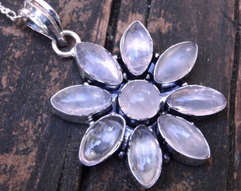 Blume 925 Sterling Silber Rosenquarz Halskette, Natürlicher Rosenquarz Anhänger, Sterling Silber, Rosa Aussage Blume Halskette 925 Silber