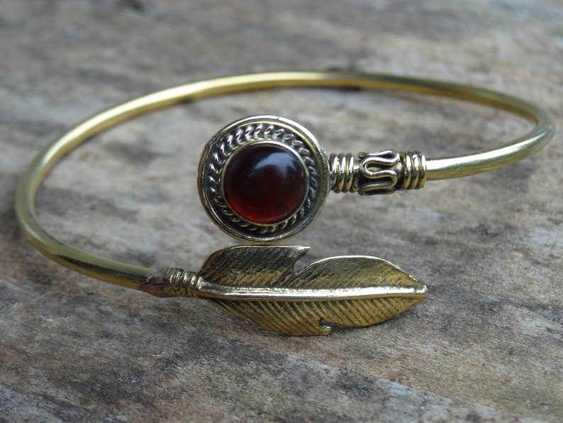 Natural Stone Garnet Brass Bangle Cuff Feather Bracelet Feather cuff bangle Garnet Brass Cuff Natural Stone Feather Bracelet