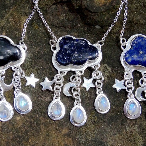 925 - Collier nuage de pluie, pierre de lune arc-en-ciel, à vous de choisir, pierre naturelle onyx noir, lapis-lazuli bleu, pendentif nuage en pierre d'or bleue, fait main