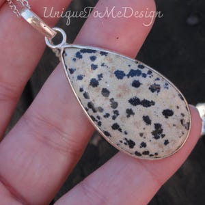 925 - Large Dalmatian Jasper Necklace, Sterling Silver, Natural Stone Dalmatian Jasper Pendant, OOAK Jasper Handmade Necklace, Black White