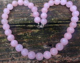 925 - Rose Quartz Beaded Necklace, Natural Stone, 12mm Pink Rose Quartz Statement Necklace Sterling Silver Pendant Necklace 18"