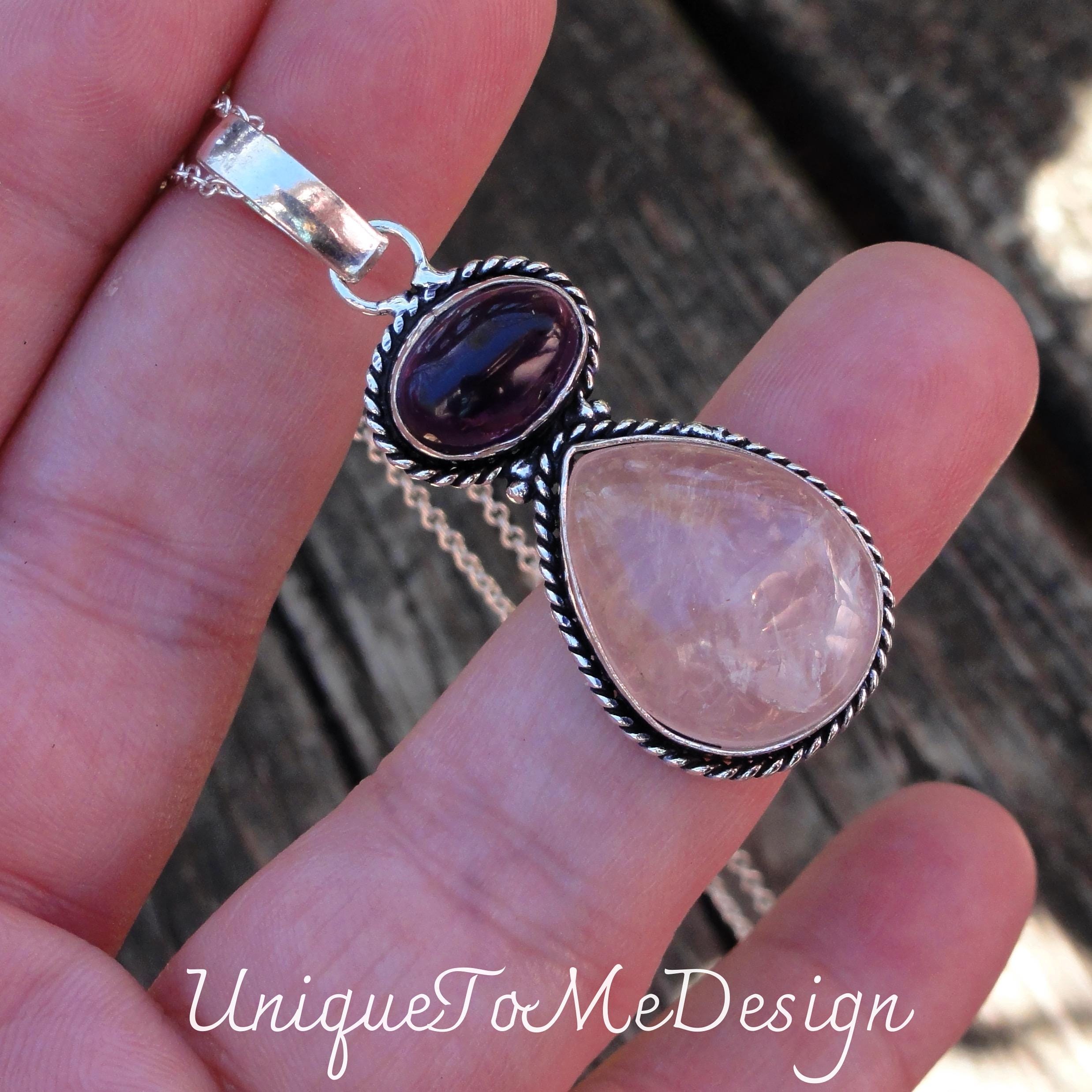 Collier Quartz Rose Et Améthyste Naturels - 160 Carats - Monture Argent Massif 925, Longueur 49cm Modifiable
