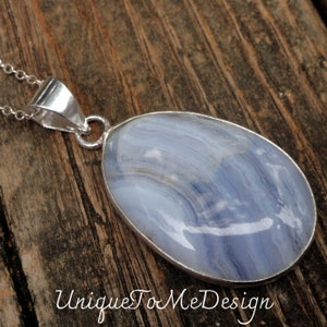 925 - Blue Lace Agate Necklace, Sterling Silver, Natural Stone, Blue Lace Agate Statement Pendant, Handmade Blue Black Agate necklace