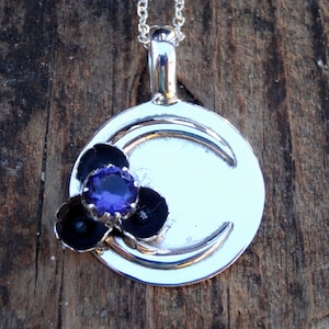 925 - Crescent Moon, Botanical Amethyst Gemstone Necklace, Sterling Silver Natural Purple Amethyst Celestial Moon Statement Pendant Handmade
