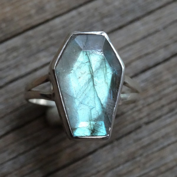 Handmade Sterling Silver Coffin Ring, Natural Rainbow Labradorite, Gothic Jewelry