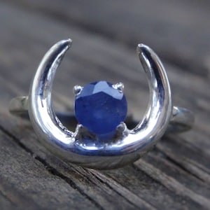 925 - Moon .80ctw Blue Sapphire Ring Size 8, Sterling Silver Sapphire Statement Moon Ring, Celestial Blue Sapphire Sterling Silver Ring