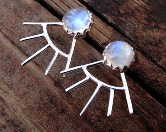 Handmade Sterling Silver Rainbow Moonstone Stud Earrings: 8mm Gemstone