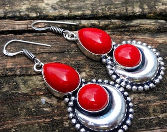 925 -  Red Coral Sterling Silver Earrings, Sterling Silver Natural Red Coral Statement Earrings, Large Silver Bohemian Earrings handmade