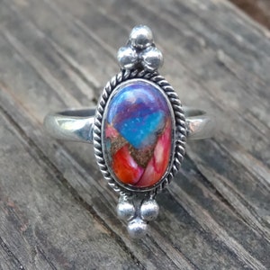 925 - Pink Spiny Oyster Ring Size 7.5, Sterling Silver, Natural Stone, Spiny Oyster in Blue Turquoise Dainty Ring 7 8, Bohemian Spiny Oyster
