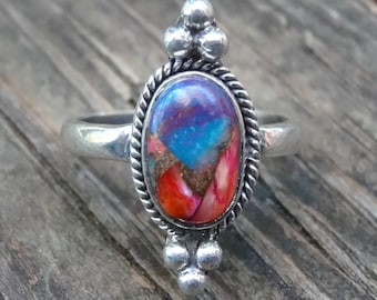 925 - Pink Spiny Oyster Ring Size 7.5, Sterling Silver, Natural Stone, Spiny Oyster in Blue Turquoise Dainty Ring 7 8, Bohemian Spiny Oyster