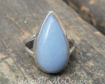 Handmade Sterling Silver Angelite Ring: Teardrop Stone, Size 6