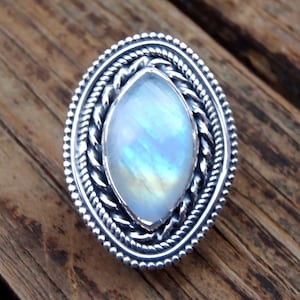 Electric Rainbow Moonstone Sterling Silver Ring Size 9, 925 Silver Moonstone Ring, Natural Stone Large Rainbow Moonstone Silver ring size 9