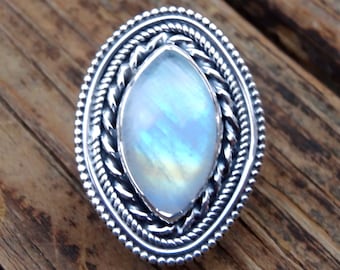 Anillo de piedra lunar arcoíris de plata de ley hecho a mano - Talla 6.5