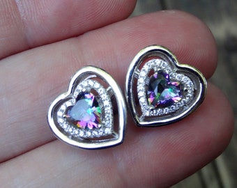 925 - Heart, Rainbow Topaz Heart Stud Earrings, Sterling Silver Heart Studs, White Topaz Heart Earrings, 925 Gemstone Heart Stud Earrings