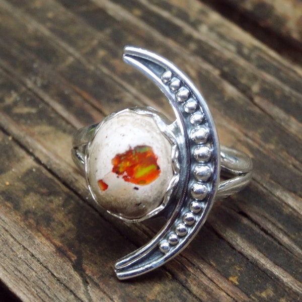 925 - Large Crescent Moon Mexican Fire Opal Ring Size 9, Sterling Silver, Natural Stone, OOAK Gemstone Statement Mexican Fire Opal Moon ring
