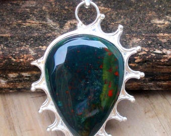 925 - Large Dragons Bloodstone Necklace, Sterling Silver Natural Stone, Dragons Blood Handmade Pendant, Large Bloodstone Necklace, OOAK