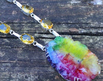 925 – Große Regenbogen-Sonnenquarz-Halskette mit Citrin, Sterlingsilber, Naturstein, 45,7 cm lange Statement-Halskette aus Regenbogenquarz, handgefertigt