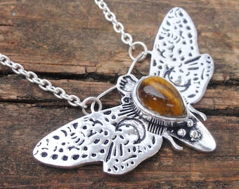 925 - Mond Motte Tigerauge Halskette, Sterling Silber Handgemachte Motte 20 "Halskette, Natürliche Edelstein Erklärung, Insekt Schmuck OOAK