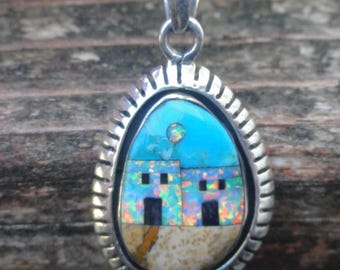 925 Opal, Blauer Türkis, Berg Jaspis und Onyx Inlay Halskette, Sterling Silber Naturstein Opal Edelstein Anhänger Handmade Native Adobe