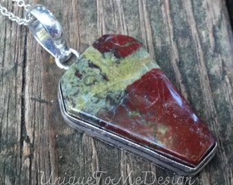 925 - LARGE Bloodstone Coffin Necklace, Sterling Silver, Natural Stone, Dragons Bloodstone Coffin Statement Pendant, Green Red Bloodstone