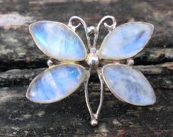 925 Butterfly Flashy Moonstone Sterling Silver Ring Size 7, Natural Stone, Blue Flashy Rainbow Moonstone Butterfly Statement Ring Size 7