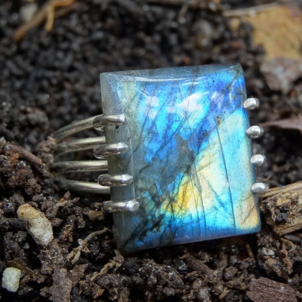 Gorgeous Rainbow Fiery LABRADORITE Sterling silver Ring Size 9.5 - Sterling Silver Ring- Gemstone Ring - Ring size 9 10 Boho chic Ring