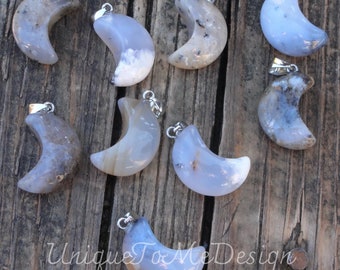 Dendritic Agate Moon Necklace: Carved Sterling Silver Pendant