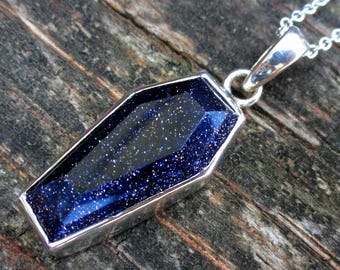 925 Blue Goldstone Coffin Necklace, Blue Goldstone Coffin stone pendants, Sterling Silver Coffin Necklace, Natural Stone, Gothic necklace