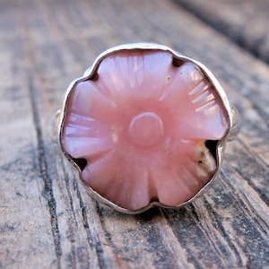 925 - Carved Pink Opal Ring, Sterling Silver, Natural Stone, Flower Botanical Pink Opal Statement Adjustable Ring Size 7 8 9, Gemstone Ring