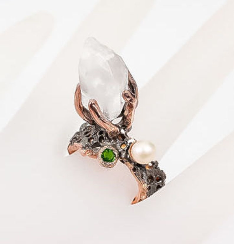 Natural Crystal Quartz 925 Sterling Silver /& 14K Rose Gold Ring Size 8 Handmade Ring boho chic ring size 8 Fine Art Ring