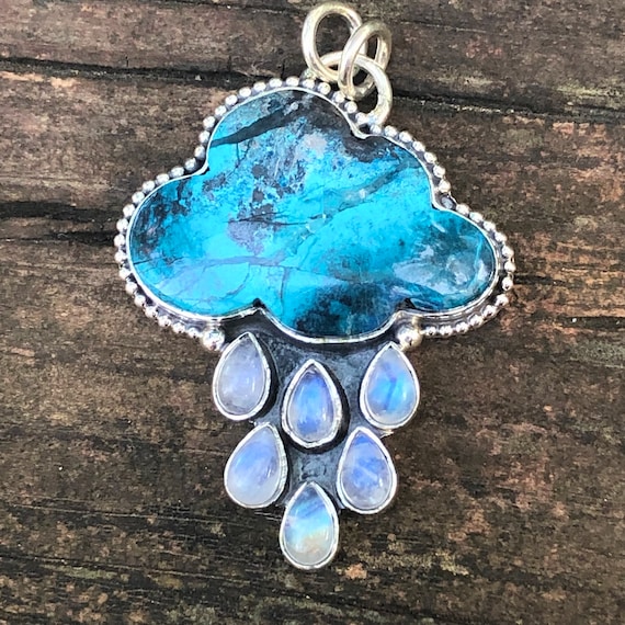 925 - Rain Cloud, Carved Stone Necklace, Sterling Silver Rainbow Moonstone, Shattuckite Pendant, Rain Cloud Handmade, 925 Moonstone Necklace