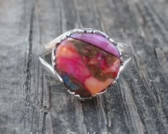 925 - Pink Spiny Oyster in Turquoise Ring Size 9 , Sterling Silver Natural Spiny Oyster Ring, Handmade Ring 9, Pink Orange Spiny Oyster
