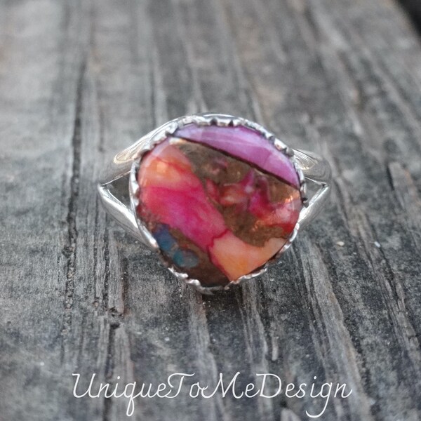 925 - Pink Spiny Oyster in Turquoise Ring Size 9 , Sterling Silver Natural Spiny Oyster Ring, Handmade Ring 9, Pink Orange Spiny Oyster