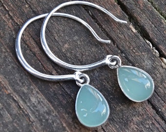 Aqua Chalcedony Sterling Silver Earrings: Teardrop Dangle Gemstone