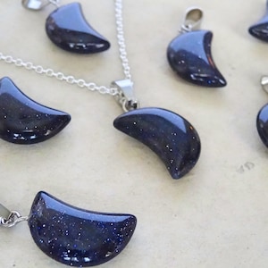 Moon, Blue Goldstone stone Sterling Silver Necklace, Blue Sunstone Carved Moon Pendant on Sterling Silver Chain, Moon Necklace