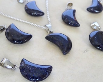 Moon, Blue Goldstone stone Sterling Silver Necklace, Blue Sunstone Carved Moon Pendant on Sterling Silver Chain, Moon Necklace