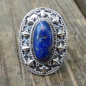925 - Large Lapis Lazuli Ring Size 9, Sterling Silver, Natural Stone, Bohemian Blue Lapis Ring, Statement ring, Handmade Silver Lapis Ring