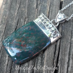 925 - Large Dragons Bloodstone Necklace, Sterling Silver Natural Stone, Dragons Blood Handmade Pendant, Large Bloodstone Necklace, OOAK
