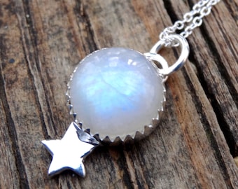 Handgemachte Sterling Silber Regenbogen Mondstein Stern Anhänger Halskette