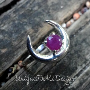 Handmade Sterling Silver Pink Ruby Moon Ring - Size 8
