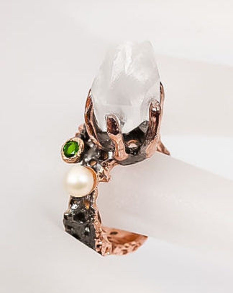 Natural Crystal Quartz 925 Sterling Silver /& 14K Rose Gold Ring Size 8 Handmade Ring boho chic ring size 8 Fine Art Ring